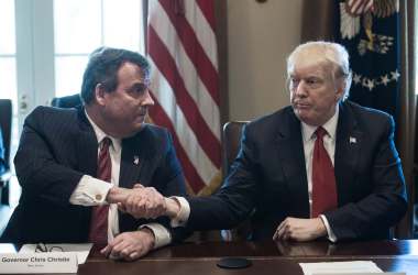 President Donald Trump shakes hands with New Jersey Governor Chris Christie during a meeting about opioid and drug abuse on March 29th, 2017.