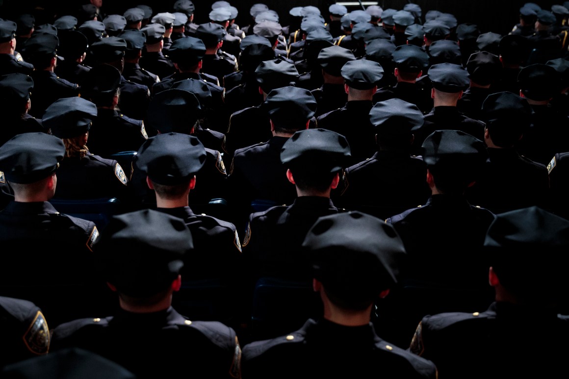 Members of the New York City Police Department attend their police academy graduation ceremony on March 30th, 2017.