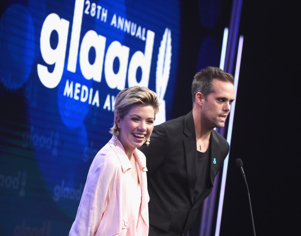 Singer Carly Rae Jepsen and songwriter Justin Tranter speak onstage during the 28th Annual GLAAD Media Awards in Beverly Hills, California, on April 1st, 2017.