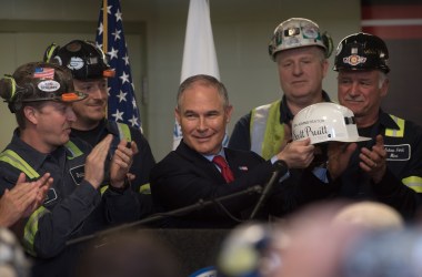 U.S. Environmental Protection Agency Administrator Scott Pruitt holds up a miner's helmet that he was given after speaking with coal miners at the Harvey Mine on April 13th, 2017, in Sycamore, Pennsylvania.