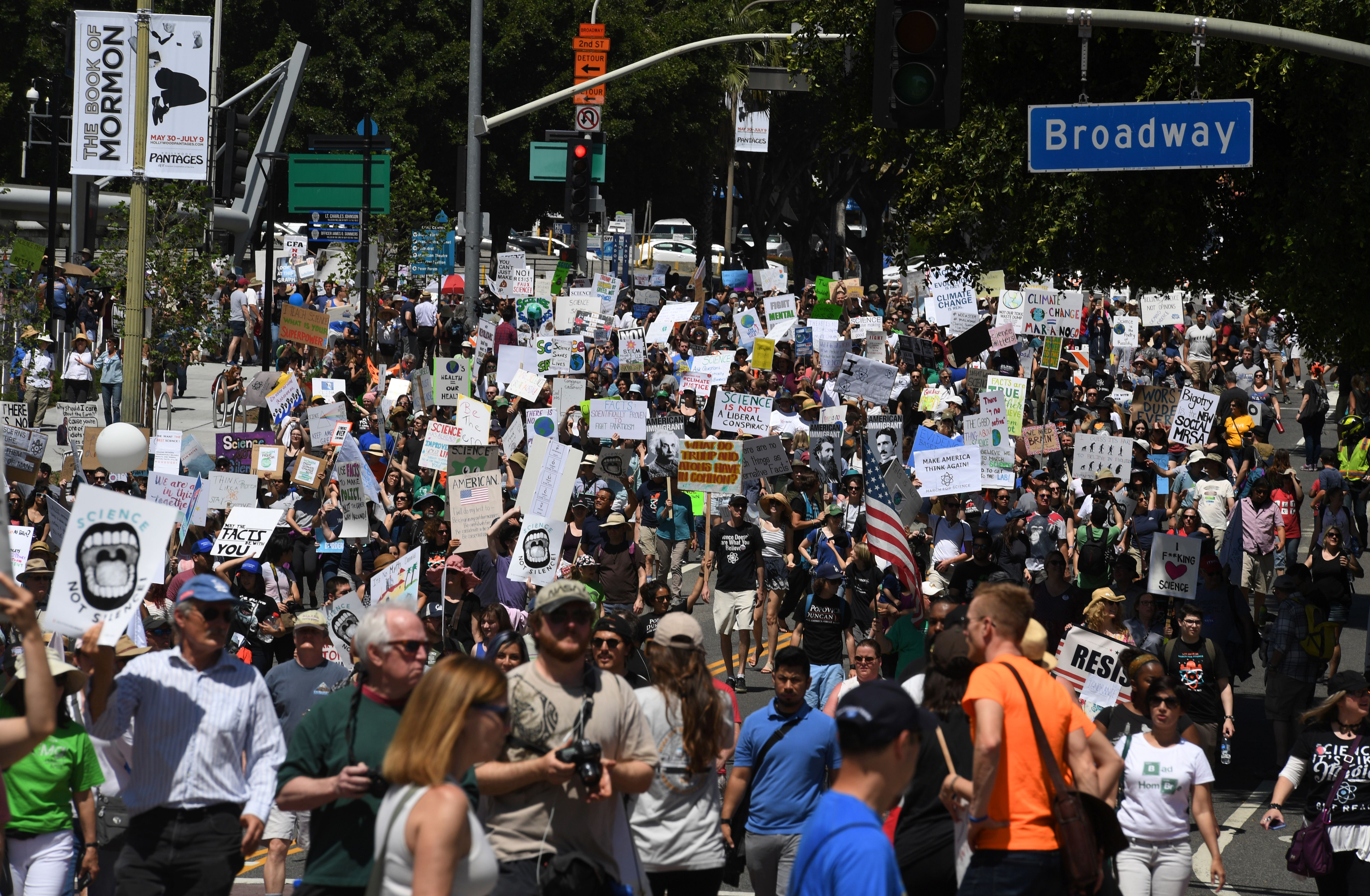 A large crowd of protestors take part in the March for Science in Los Angeles, California, on April 22nd, 2017.