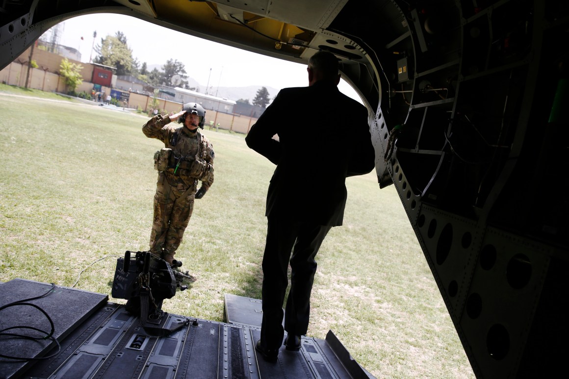 Secretary of Defense James Mattis is saluted by a member of his U.S. Army helicopter crew as he arrives at Resolute Support headquarters on April 24th, 2017, in Kabul, Afghanistan.