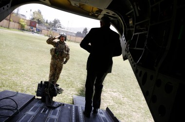 Secretary of Defense James Mattis is saluted by a member of his U.S. Army helicopter crew as he arrives at Resolute Support headquarters on April 24th, 2017, in Kabul, Afghanistan.