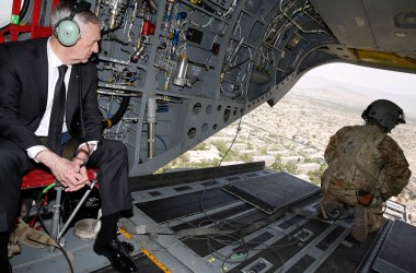 Secretary of Defense James Mattis looks out over Kabul as he arrives via helicopter at Resolute Support headquarters on April 24th, 2017, in Afghanistan.