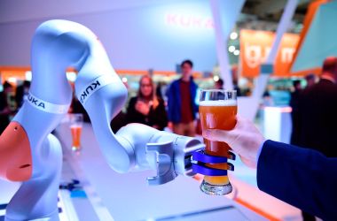 Robots serves beer at the Hanover Fair in Hanover, Germany, on April 24th, 2017.