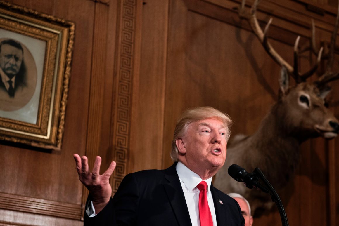 President Donald Trump speaks before signing an executive order to review the Antiquities Act at the Department of the Interior on April 26th, 2017, in Washington, D.C.