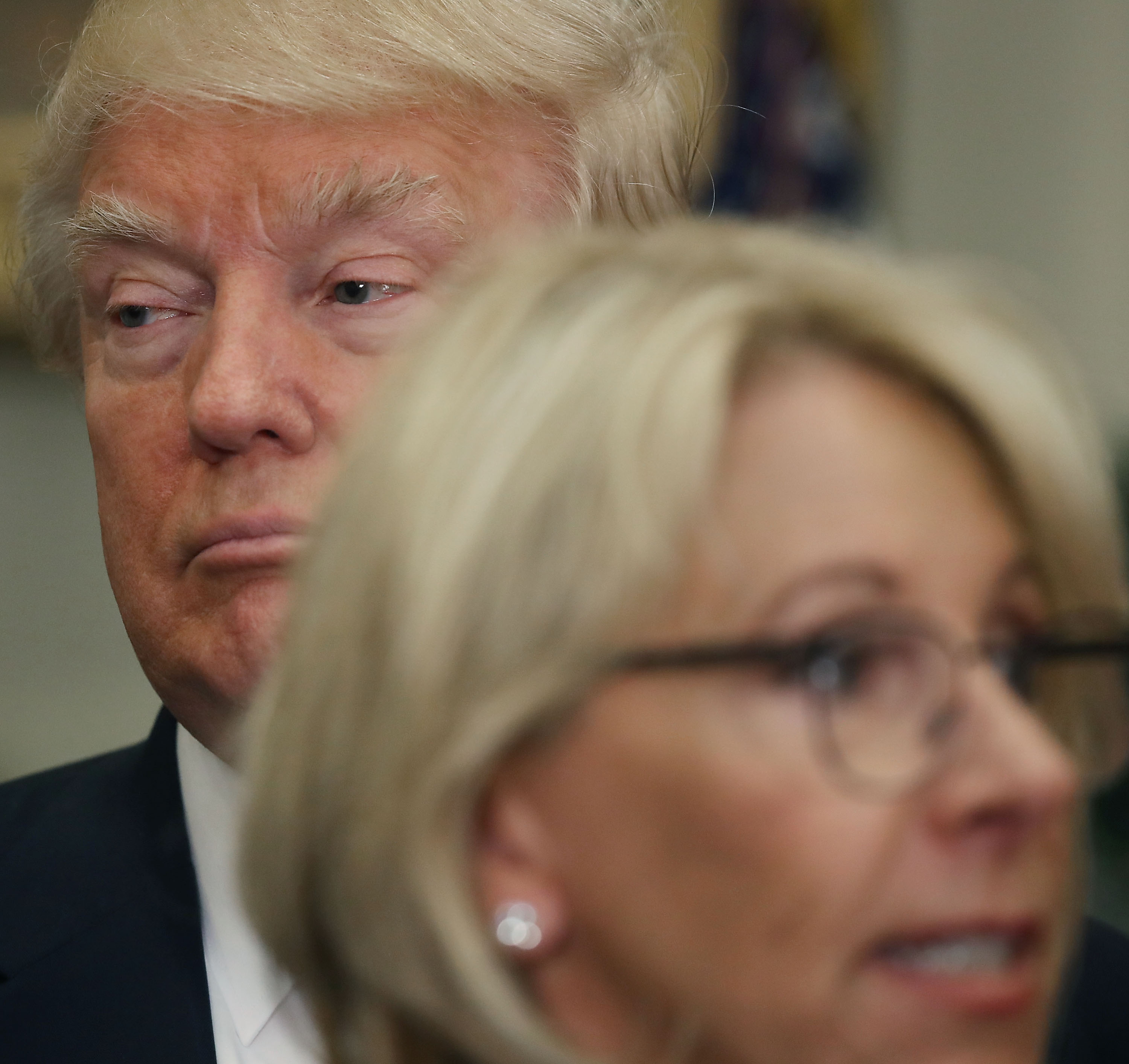 President Donald Trump appears at an education event with Secretary of Education Betsy DeVos in the Roosevelt Room of the White House on May 3rd, 2017.