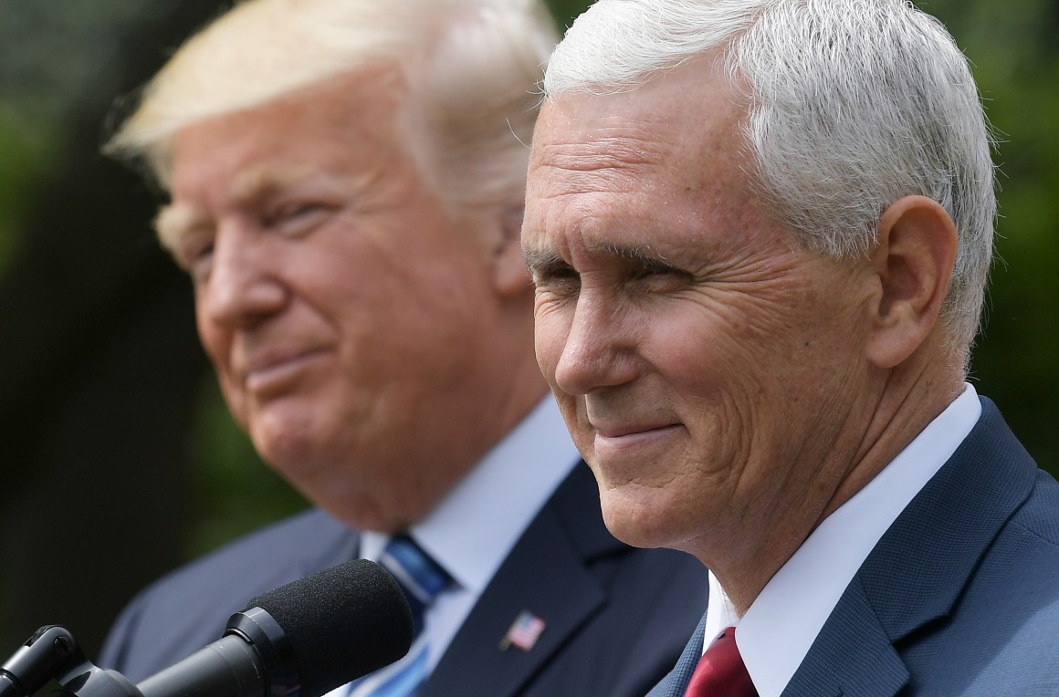 Vice President Mike Pence speaks while standing next to President Donald Trump during a ceremony before the signing of an executive order on promoting free speech and religious liberty in the Rose Garden of the White House on May 4th, 2017.