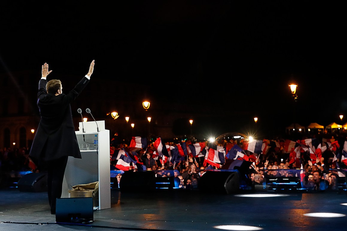 President-elect Emmanuel Macron delivers a speech in front of the Pyramid at the Louvre Museum in Paris, France, on May 7th, 2017.