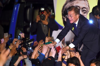 South Korean President-elect Moon Jae-in greets supporters.