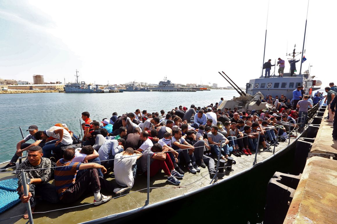 Illegal immigrants, who were rescued by the Libyan coast guard in the Mediterranean, arrive at a naval base in Tripoli, Libya, on May 10th, 2017.