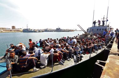 Illegal immigrants, who were rescued by the Libyan coast guard in the Mediterranean, arrive at a naval base in Tripoli, Libya, on May 10th, 2017.