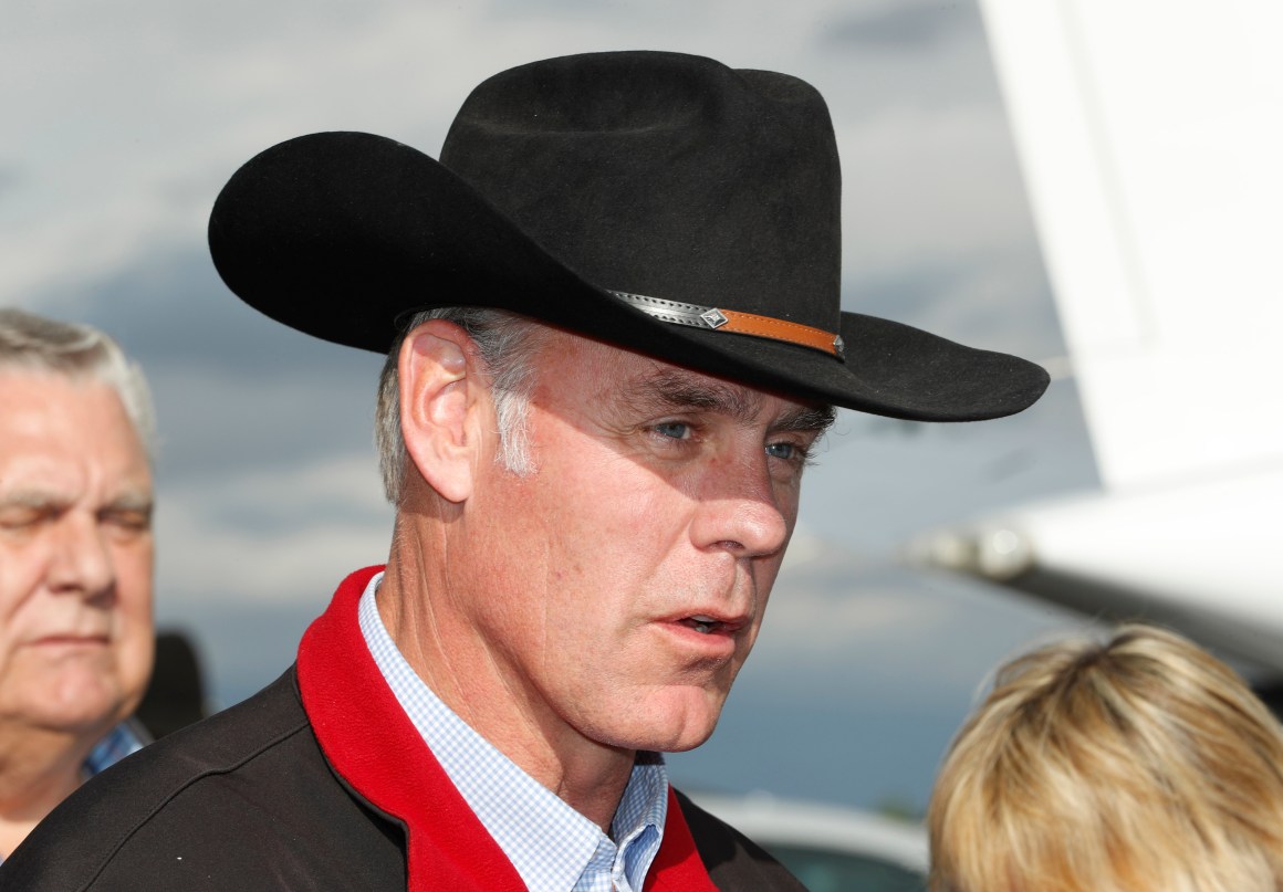 Secretary of the Interior Ryan Zinke talks to reporters before departing Kanab Airport on May 10th, 2017, in Kanab, Utah.