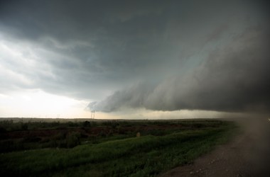 Viewed from the window of a tornado scout vehicle, a supercell thunderstorm develops on May 10th, 2017, in Olustee, Oklahoma.