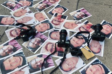 Cameras and pictures of journalists recently murdered in Mexico are placed at Independence Angel square during a protest in Mexico City on May 16th, 2017.