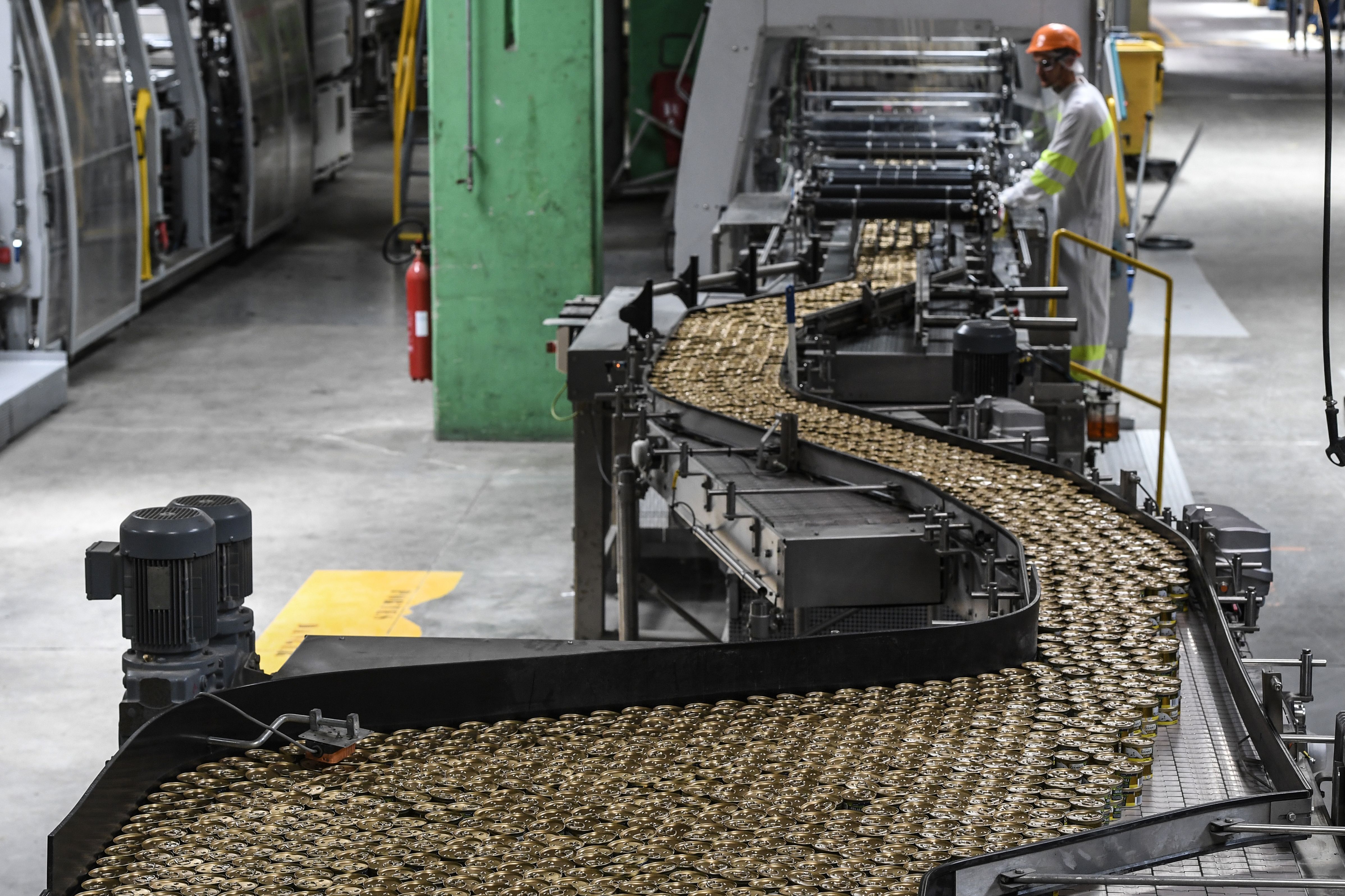 A man works in a production line of the Nestle Purina plant on May 18th, 2017, in central France.