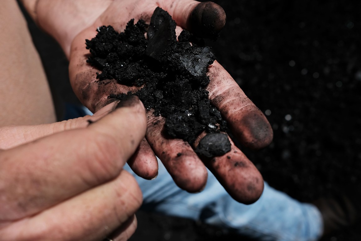 A worker handles coal at a plant outside the city of Welch, West Virginia, on May 19th, 2017.