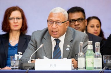 Josaia Voreqe "Frank" Bainimarama, prime minister of Fiji, speaks at the beginning of the Petersberg Climate Dialogue on May 22nd, 2017, in Berlin.