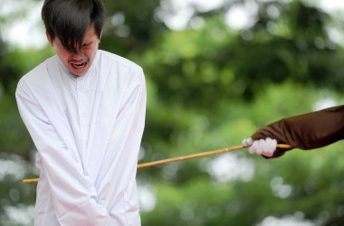 One of two Indonesian men is publicly caned for having sex, in a first for the Muslim-majority country where there are concerns over mounting hostility toward the small gay community, in Banda Aceh on May 23rd, 2017.