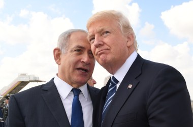 Israeli Prime Minister Benjamin Netanyahu speaks with President Donald Trump on May 23rd, 2017, in Jerusalem, Israel.