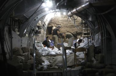 Israel Antiquities Authority and Nature and Parks Authority workers dig in an underground tunnel on May 25th, 2017, unveiling evidence from 2,000 years ago of the battle of Jerusalem following the destruction of the Second Temple.