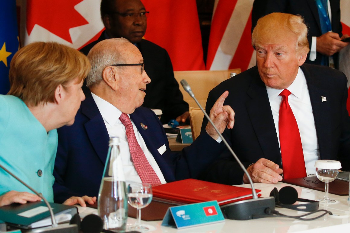 German Chancellor Angela Merkel with Tunisian President Beji Caid Essebsi and President Donald Trump at an expanded session during the Summit of the Heads of State and of Government of the G7, plus the European Union, in Taormina, Sicily, on May 27th, 2017.