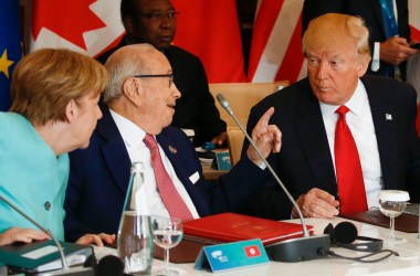 German Chancellor Angela Merkel with Tunisian President Beji Caid Essebsi and President Donald Trump at an expanded session during the Summit of the Heads of State and of Government of the G7, plus the European Union, in Taormina, Sicily, on May 27th, 2017.