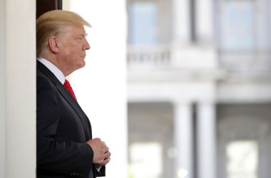 President Donald Trump stands at the entrance of the White House in Washington, D.C.