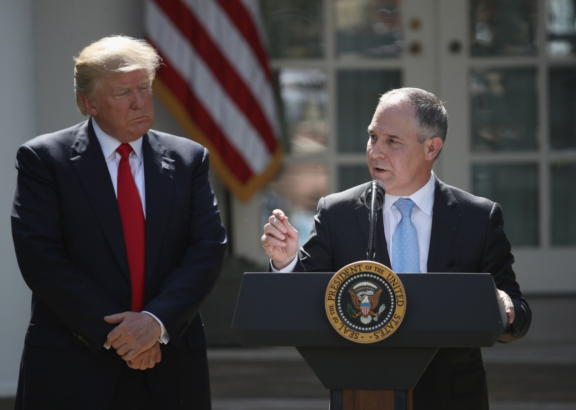 Scott Pruitt speaks in the Rose Garden at the White House after President Donald Trump announced his decision to pull the United States out of the Paris climate agreement, June 1st, 2017, in Washington, D.C.