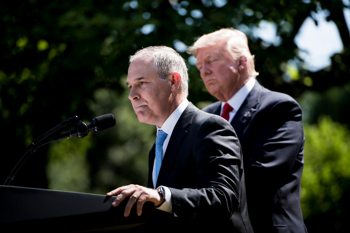 President Donald Trump and Environmental Protection Agency Administrator Scott Pruitt in the White House Rose Garden announcing the U.S. will withdraw from the Paris climate accord