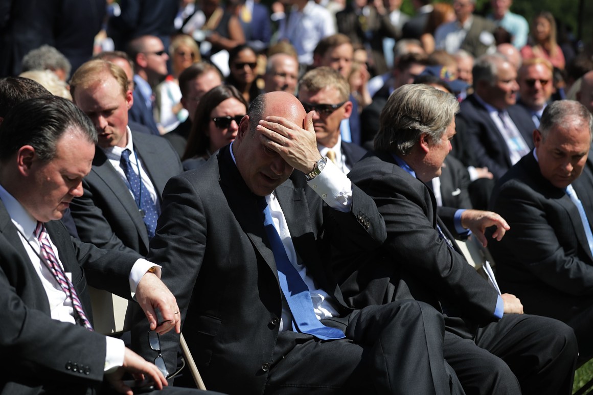 National Economic Council Director Gary Cohn wipes away sweat while waiting for President Donald Trump to announce his decision for the United States to pull out of the Paris Agreement on June 1st, 2017.