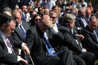 National Economic Council Director Gary Cohn wipes away sweat while waiting for President Donald Trump to announce his decision for the United States to pull out of the Paris Agreement on June 1st, 2017.