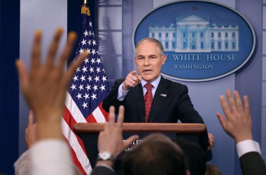 Environmental Protection Agency Administrator Scott Pruitt answers reporters' questions during a briefing at the White House on June 2nd, 2017, in Washington, D.C.