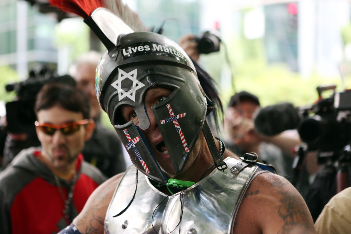 Alt-right demonstrator Kyle "Based Stickman" Chapman at a rally on June 4th, 2017, in Portland, Oregon.