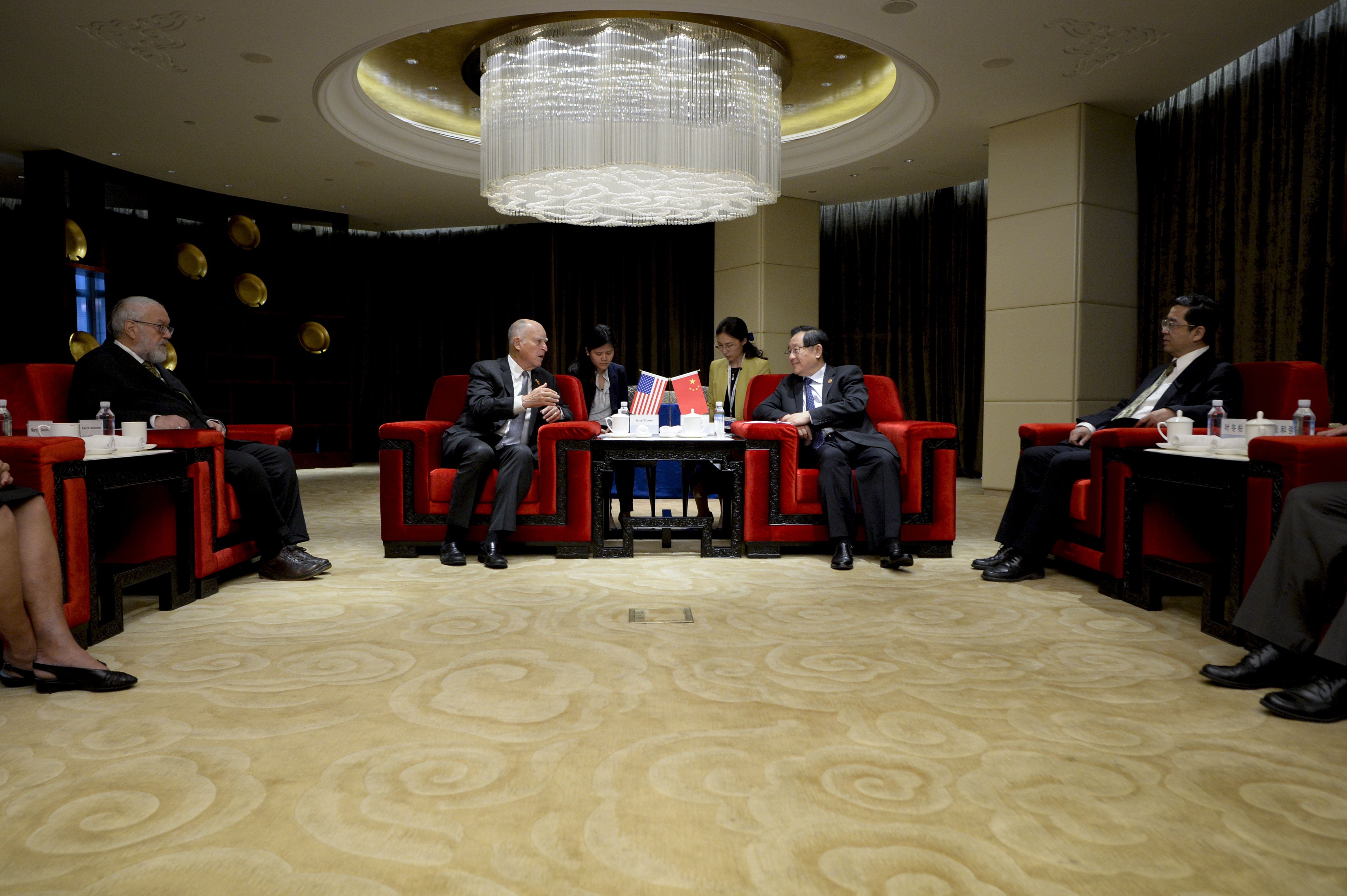 California Governor Jerry Brown speaks with Chinese Minister of Science and Technology Wan Gang during their meeting ahead of the the Clean Energy Ministerial international forum in Beijing on June 6th, 2017.