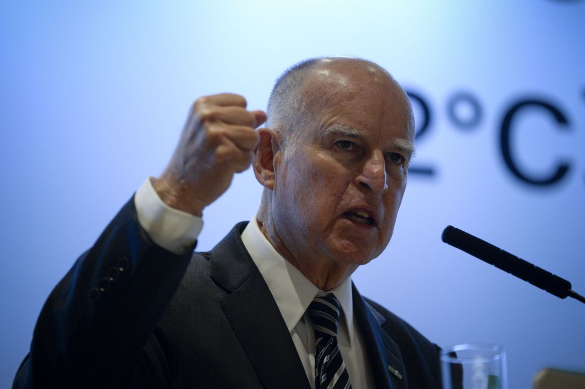 California Governor Jerry Brown gives a speech during the Clean Energy Ministerial international forum in Beijing on June 7th, 2017.