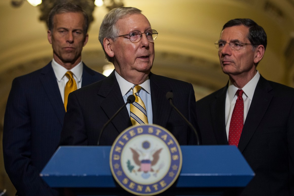 Senate Majority Leader Mitch McConnell speaks during a weekly press conference on June 13th, 2017.