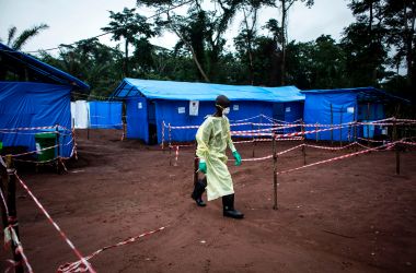 A health worker at an Ebola quarantine unit on June 13th, 2017, in Muma, after a case of Ebola was confirmed in the village.