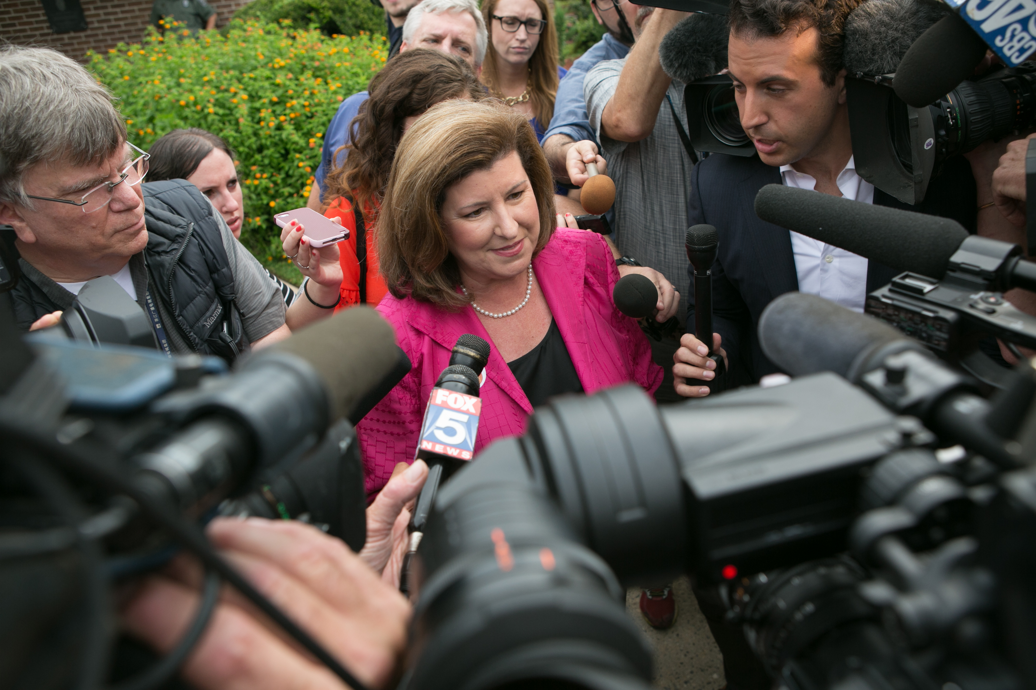 Republican candidate Karen Handel is surrounded by media after voting at St. Mary's Orthodox Church of Atlanta in the special election for Georgia's 6th Congressional District on June 20th, 2017, in Roswell, Georgia.