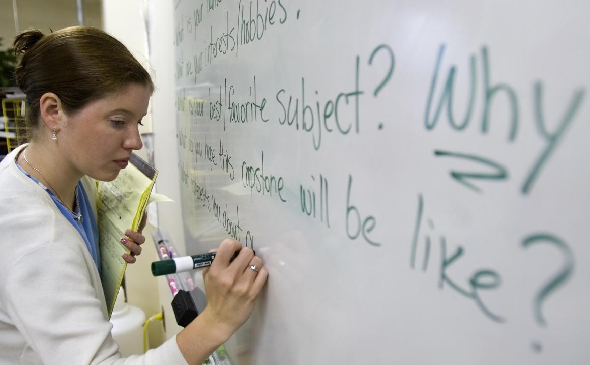 A teacher prepares for class inside her science classroom at Cesar Chavez Public Charter School in Washington, D.C.