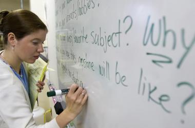 A teacher prepares for class inside her science classroom at Cesar Chavez Public Charter School in Washington, D.C.