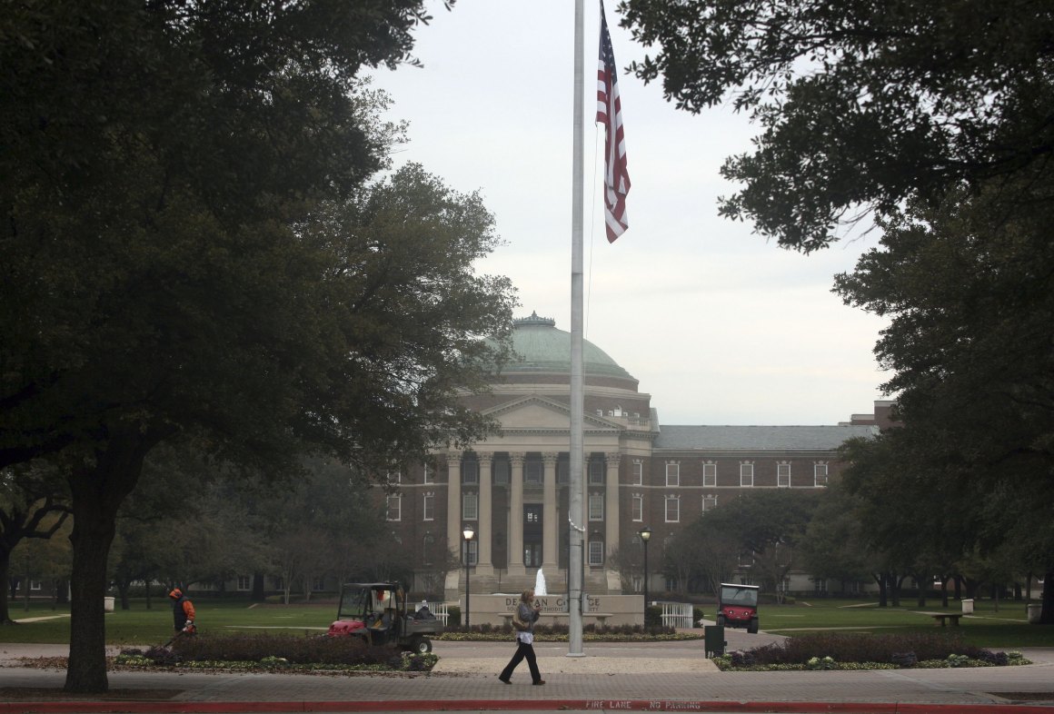 A student walks in front of Dallas Hall on the Southern Methodist University campus January 23, 2007 in Dallas, Texas.