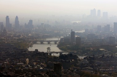 Air pollution hangs over the heart of London in this view along the River Thames.