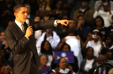 Then-Senator Barack Obama addresses an audience in Jersey City, New Jersey, on January 9th, 2008.