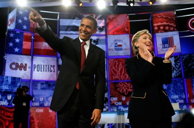 Democratic presidential hopefuls U.S. Sen. Barack Obama (D-IL) and U.S. Sen. Hillary Clinton (D-NY) wave to the audience as they participate in a debate in the Lyndon B. Johnson Auditorium at the University of Texas on February 21st, 2008 in Austin, Texas.