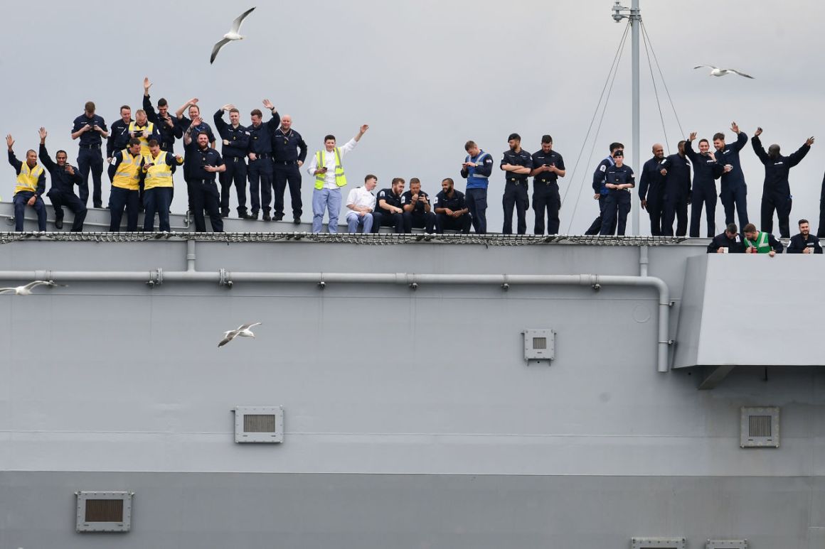 The new Royal Navy aircraft carrier HMS Queen Elizabeth departs Rosyth dockyard to be tested in the North Sea on June 26th, 2017, in Rosyth, Scotland. HMS Queen Elizabeth is the largest and most powerful surface warship ever built for the Royal Navy.