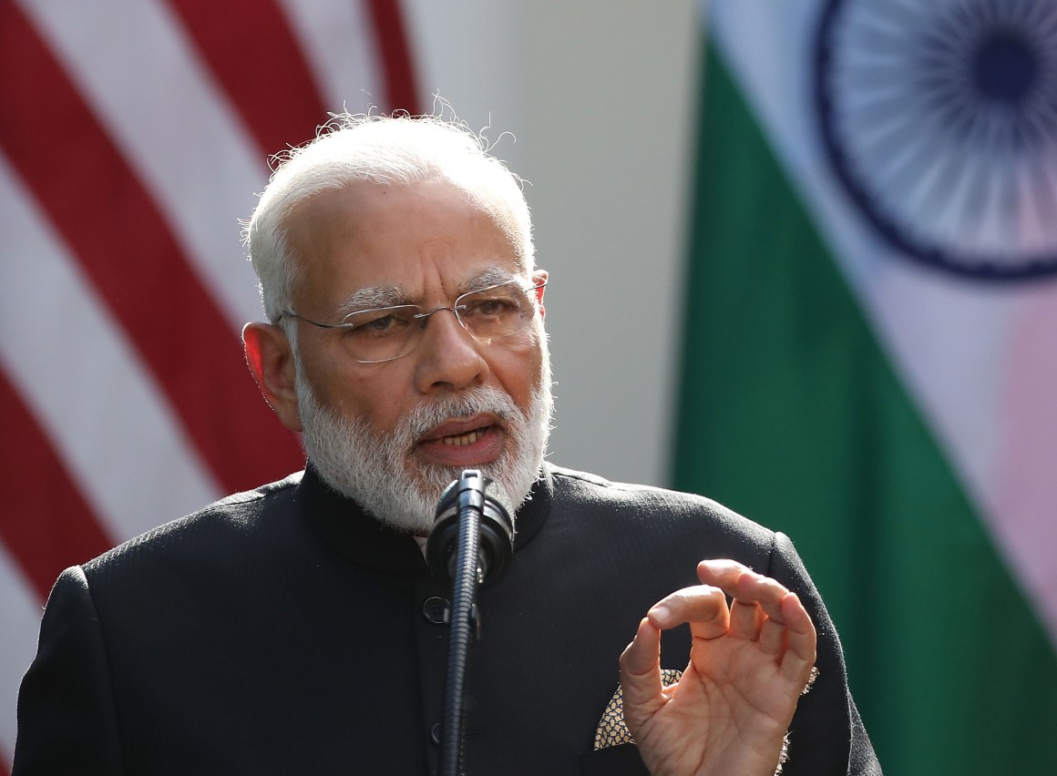 Indian Prime Minister Narendra Modi speaks while delivering joint statements with U.S. President Donald Trump in the Rose Garden of the White House on June 26th, 2017, in Washington, D.C.