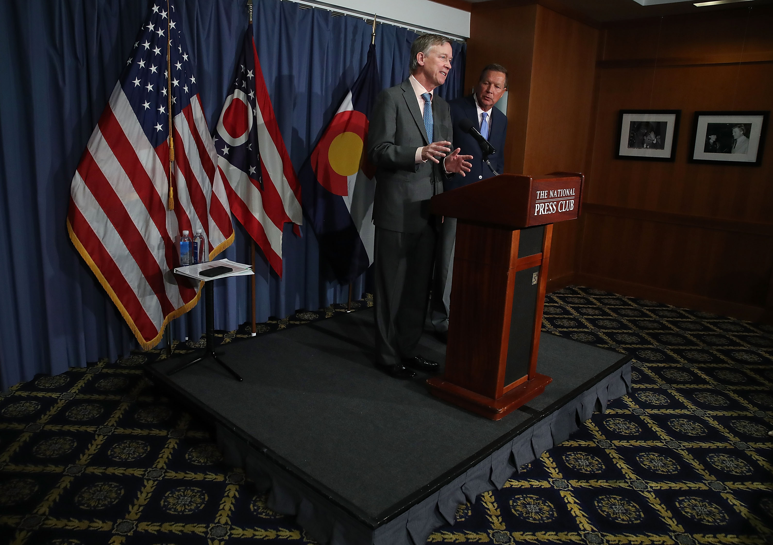 Governor John Hickenlooper (D-Colorado) and Governor John Kasich (R-Ohio) participate in a bipartisan news conference to discuss the Senate health-care reform bill at the National Press Club on June 27th, 2017, in Washington, D.C.