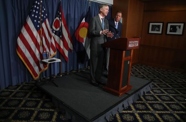 Governor John Hickenlooper (D-Colorado) and Governor John Kasich (R-Ohio) participate in a bipartisan news conference to discuss the Senate health-care reform bill at the National Press Club on June 27th, 2017, in Washington, D.C.