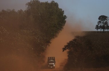 A truck travels in a deforested section of the Amazon rainforest on June 28th, 2017.